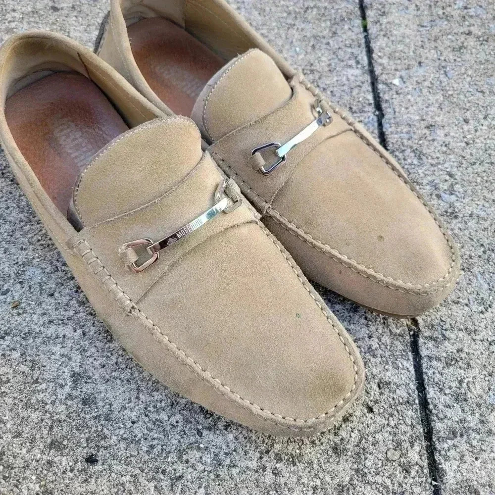 Moschino Mens Genuine Suede Driving Loafers Mocassin Shoes Tan Brown Horsebit 13 - Picture 5 of 11